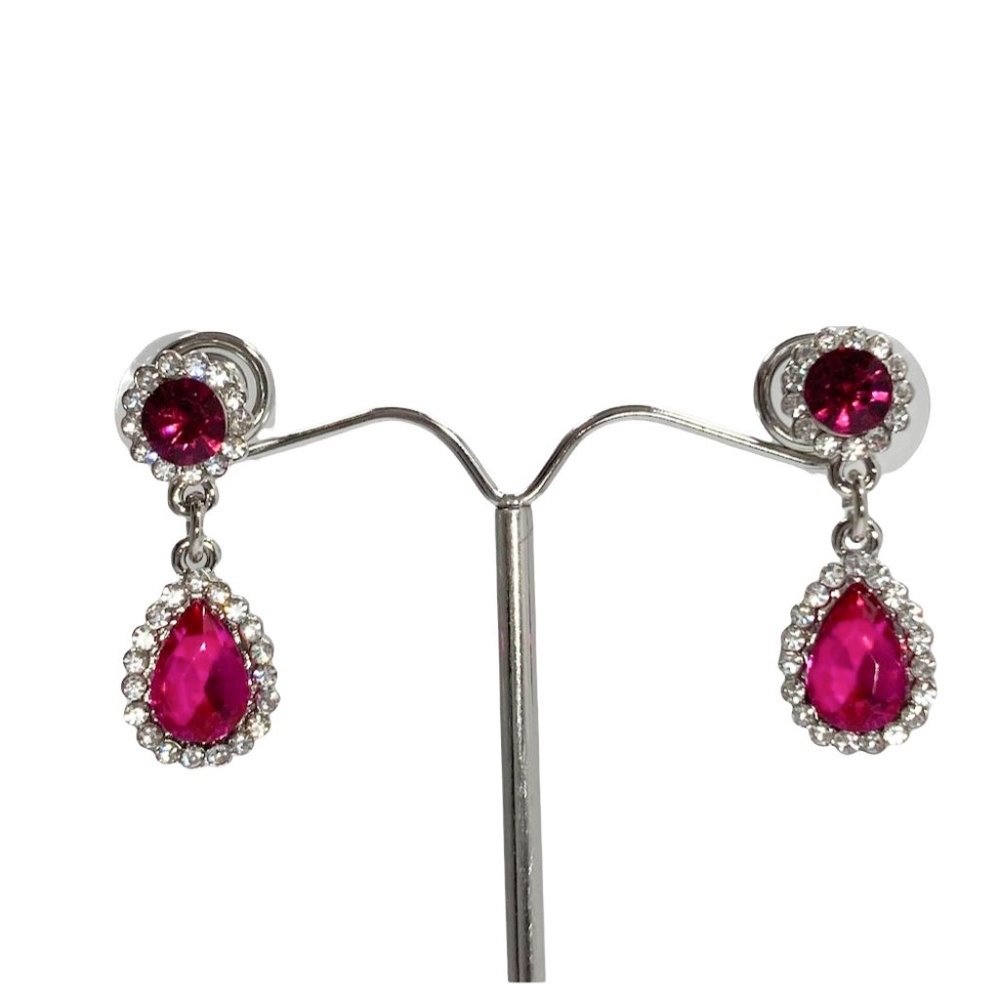 Silver And Fuchsia Crystal Teardrop Dangle Earrings